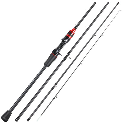 Fishing rod with black and red components on a white background