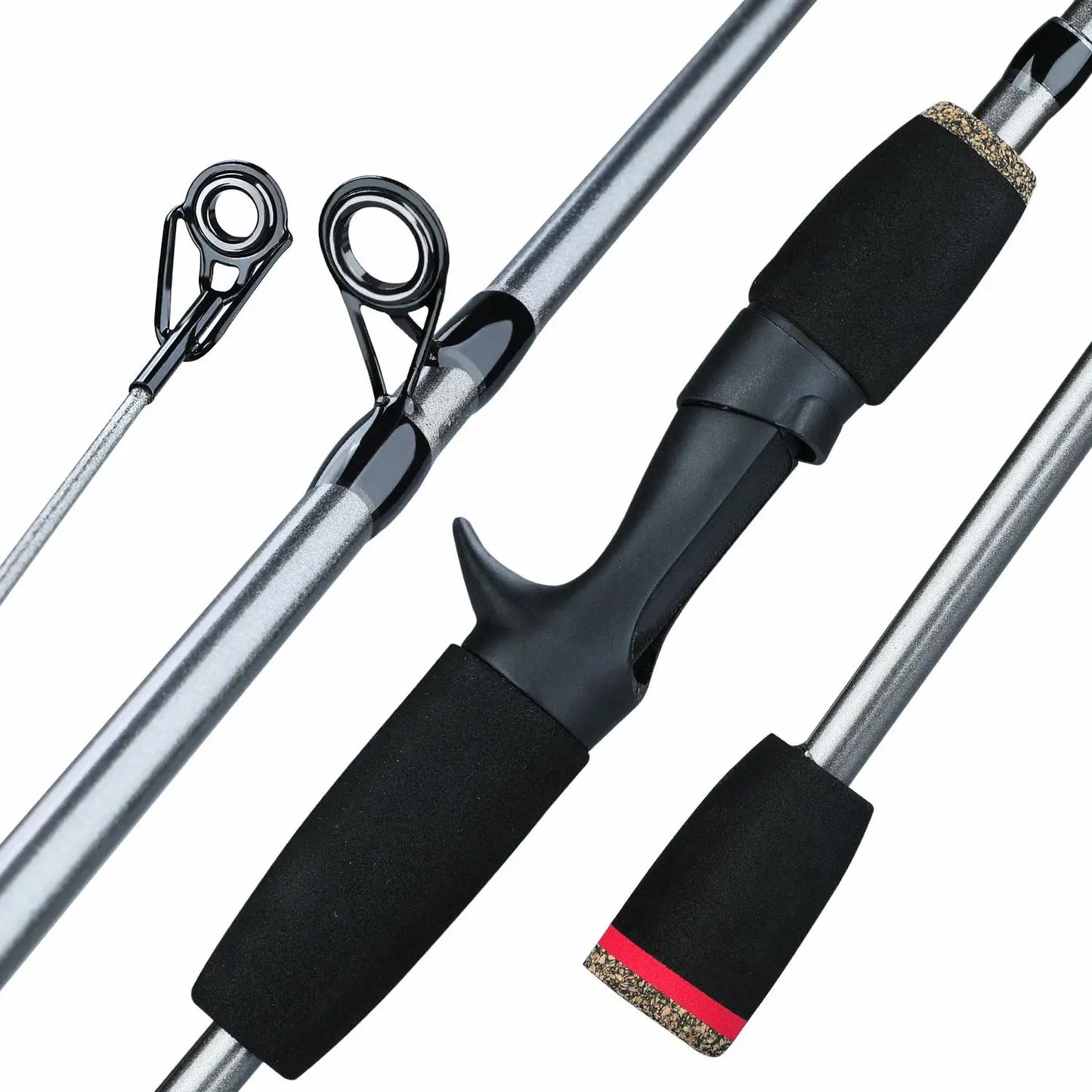 Fishing rod with black handle and red accent on a white background