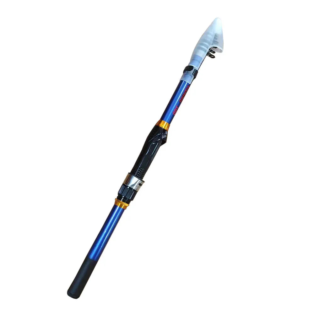 Fishing rod with blue and black handle on a white background