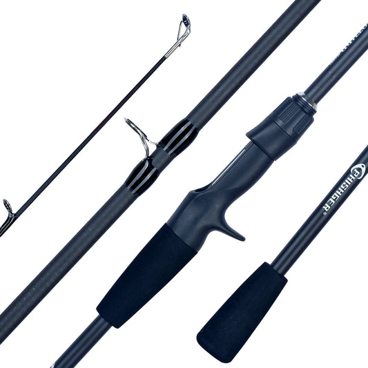 Fishing rod with reel and attached hooks on a white background.