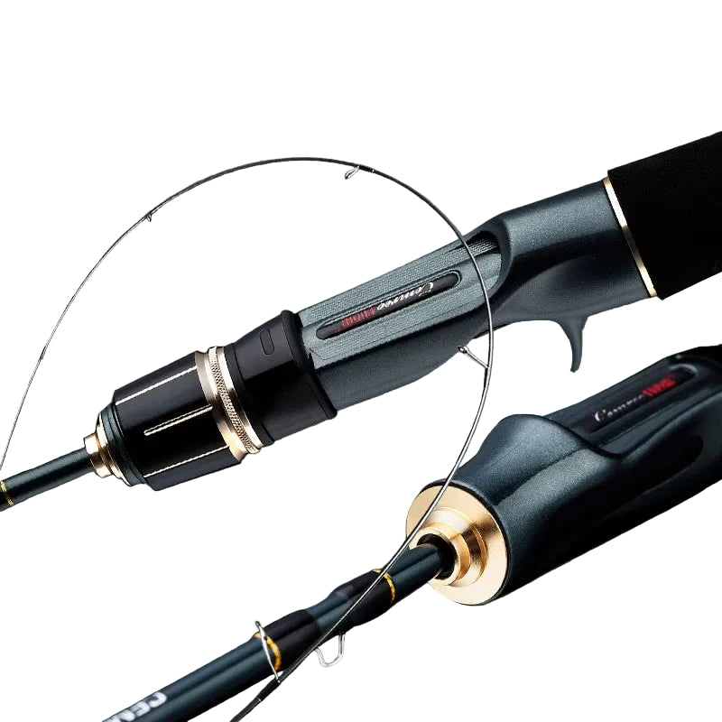 Fishing rod with solid carbon L+UL tips on a white background
