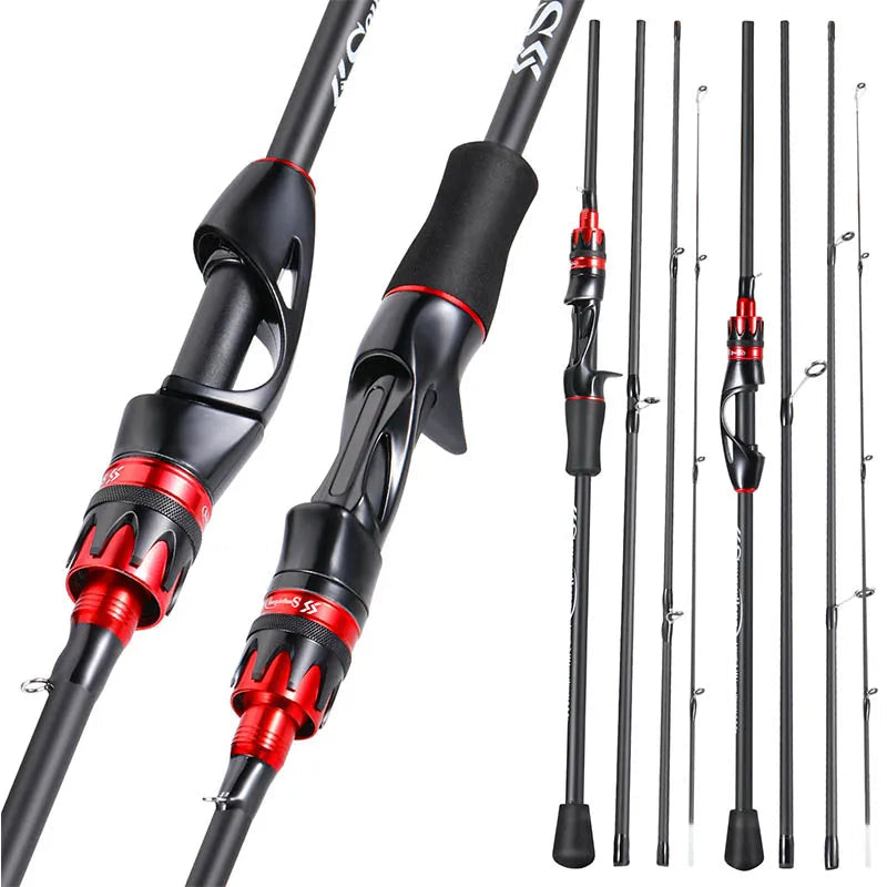 Fishing rods with black and red handles on a white background