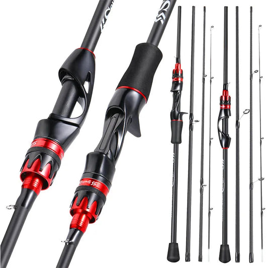 Fishing rods with black and red handles on a white background