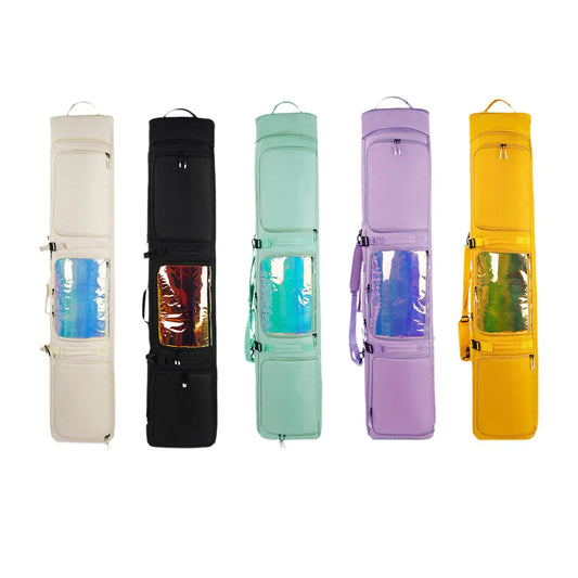 Five colorful yoga mat bags on a white background