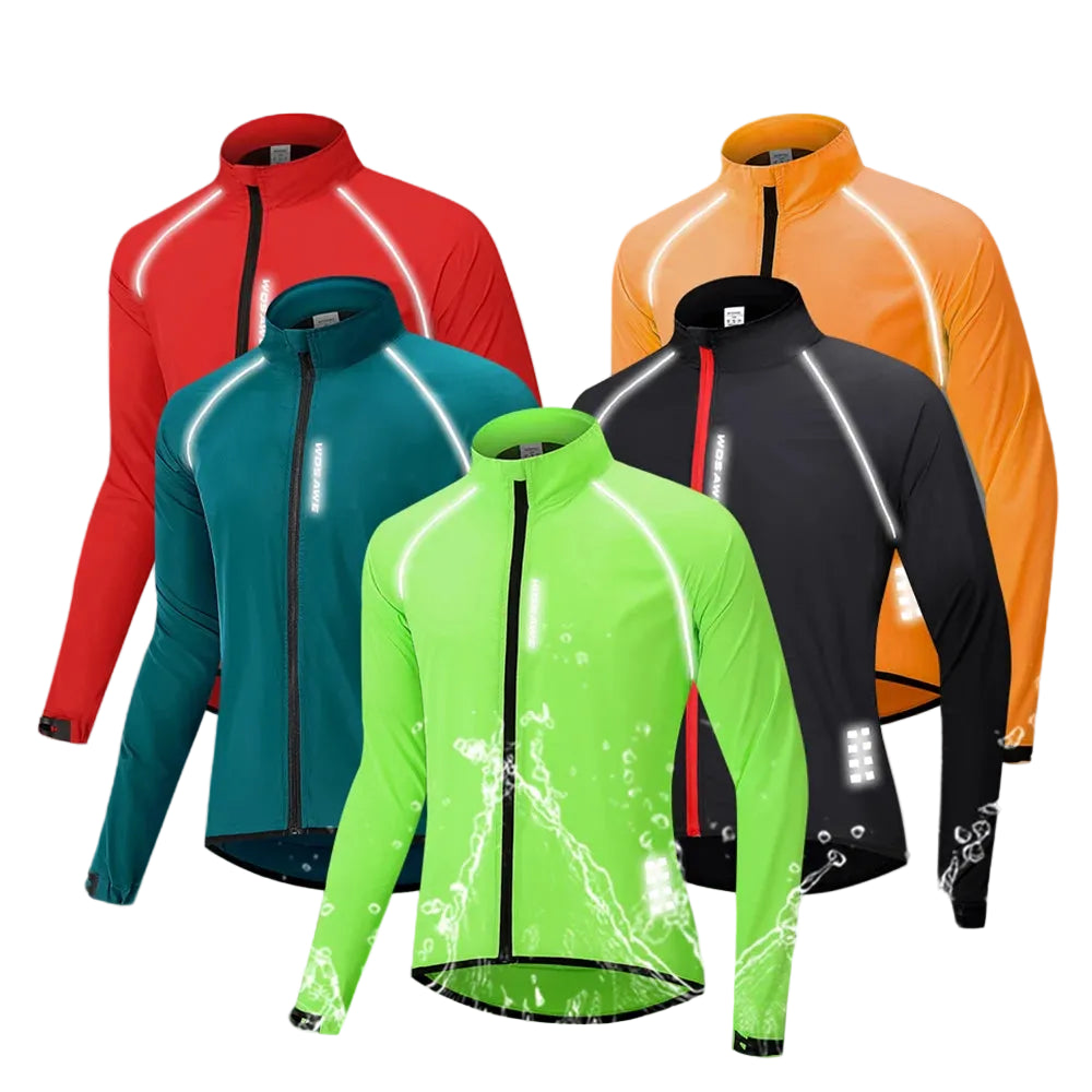 Five cycling jackets in red, blue, green, black, and orange with reflective elements on a gray background