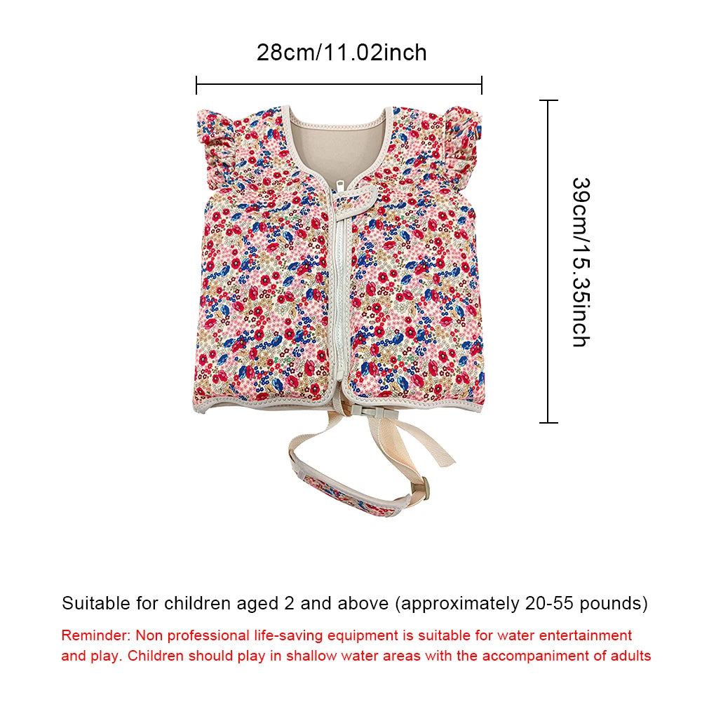 Floral-patterned life jacket with dimensions on a white background