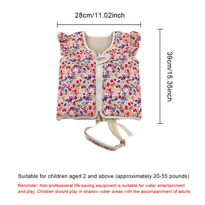 Floral-patterned life jacket with dimensions on a white background