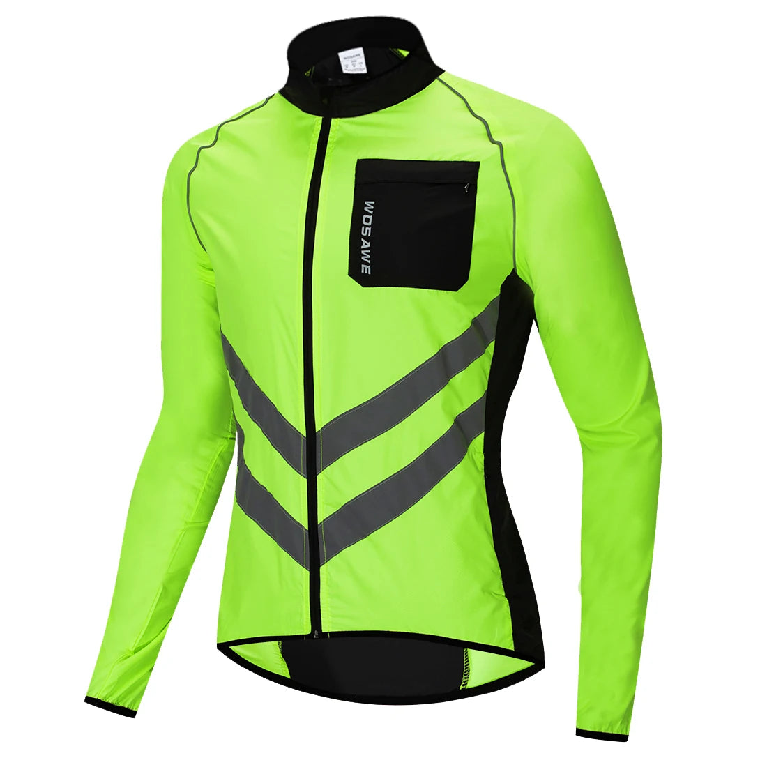 Fluorescent green cycling jacket with black accents on a white background