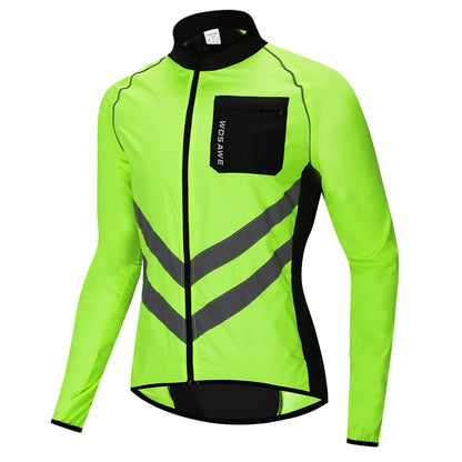 Fluorescent green cycling jacket with black accents on a white background