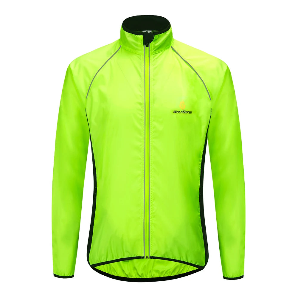 Fluorescent green jacket with black accents on a white background