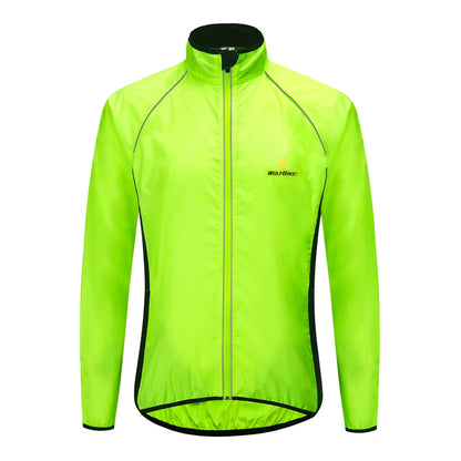 Fluorescent green jacket with black accents on a white background