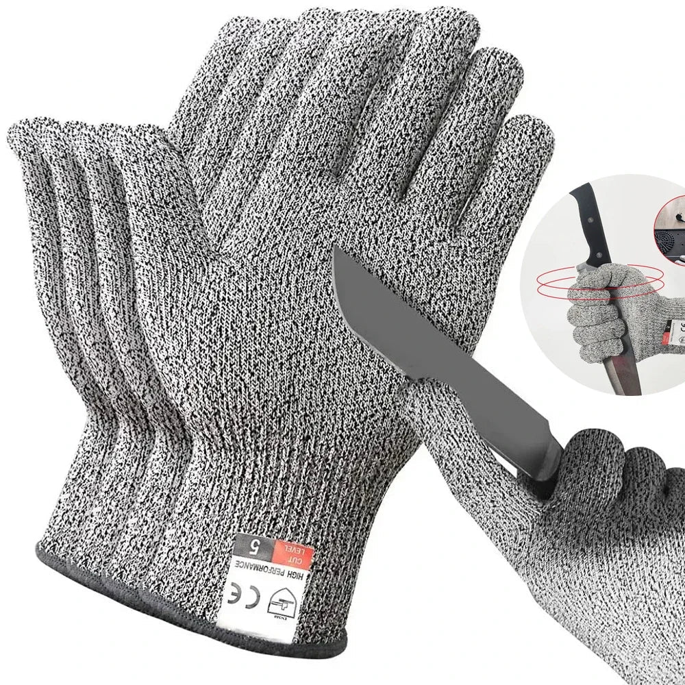 Four gray cut-resistant gloves with a knife on a white background