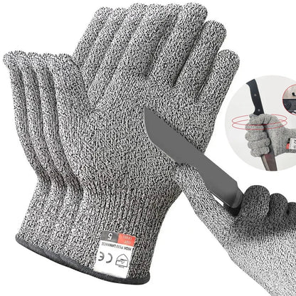 Four gray cut-resistant gloves with a knife on a white background