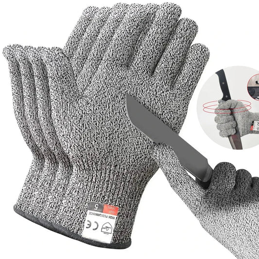Four gray cut-resistant gloves with a knife on a white background
