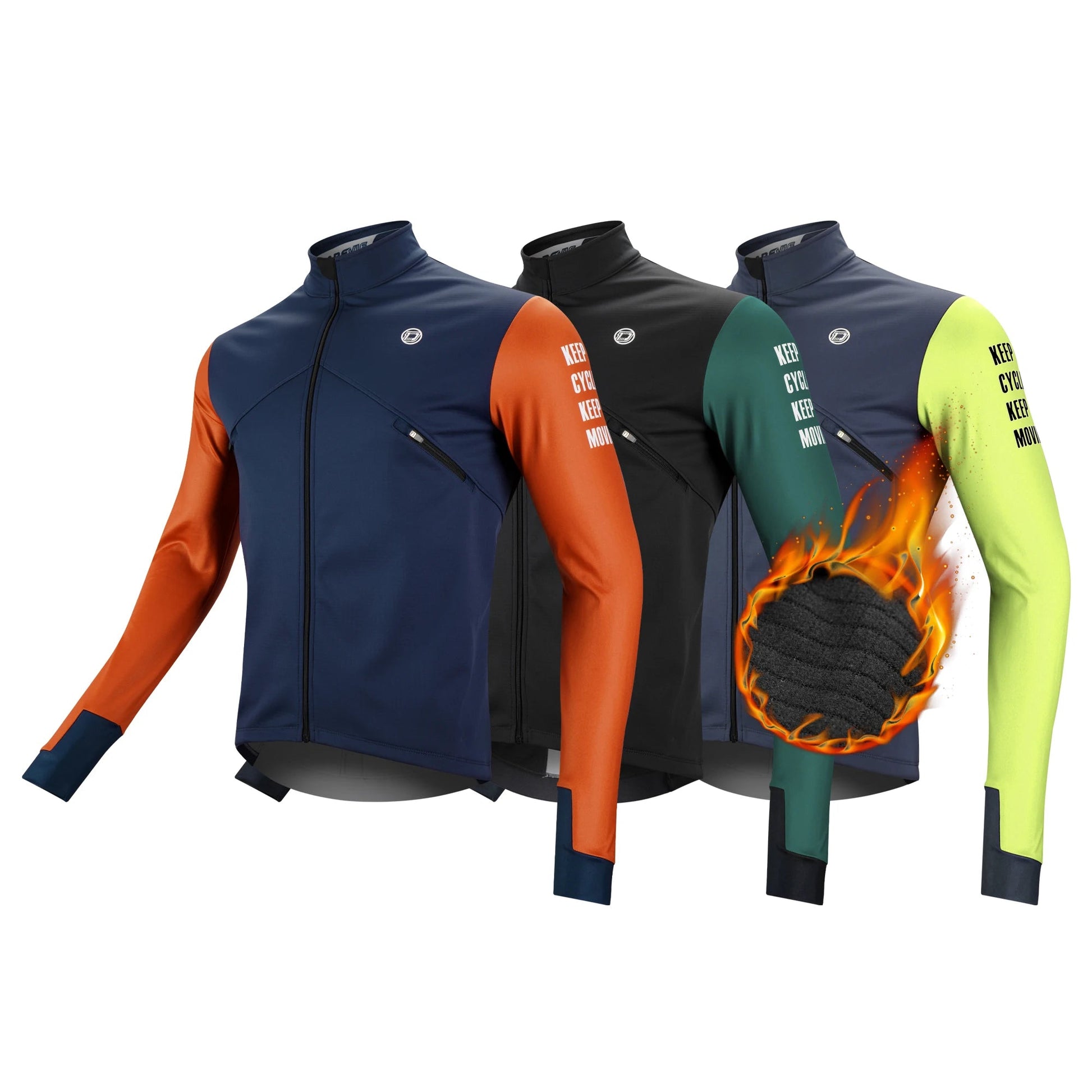 Four jackets in different colors with a fiery design element on a white background.