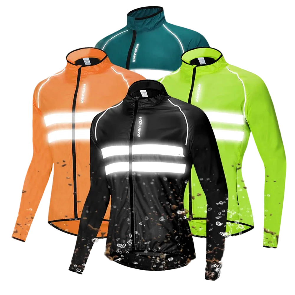 Four reflective cycling jackets in black, orange, green, and teal on a gray background with water splashes.