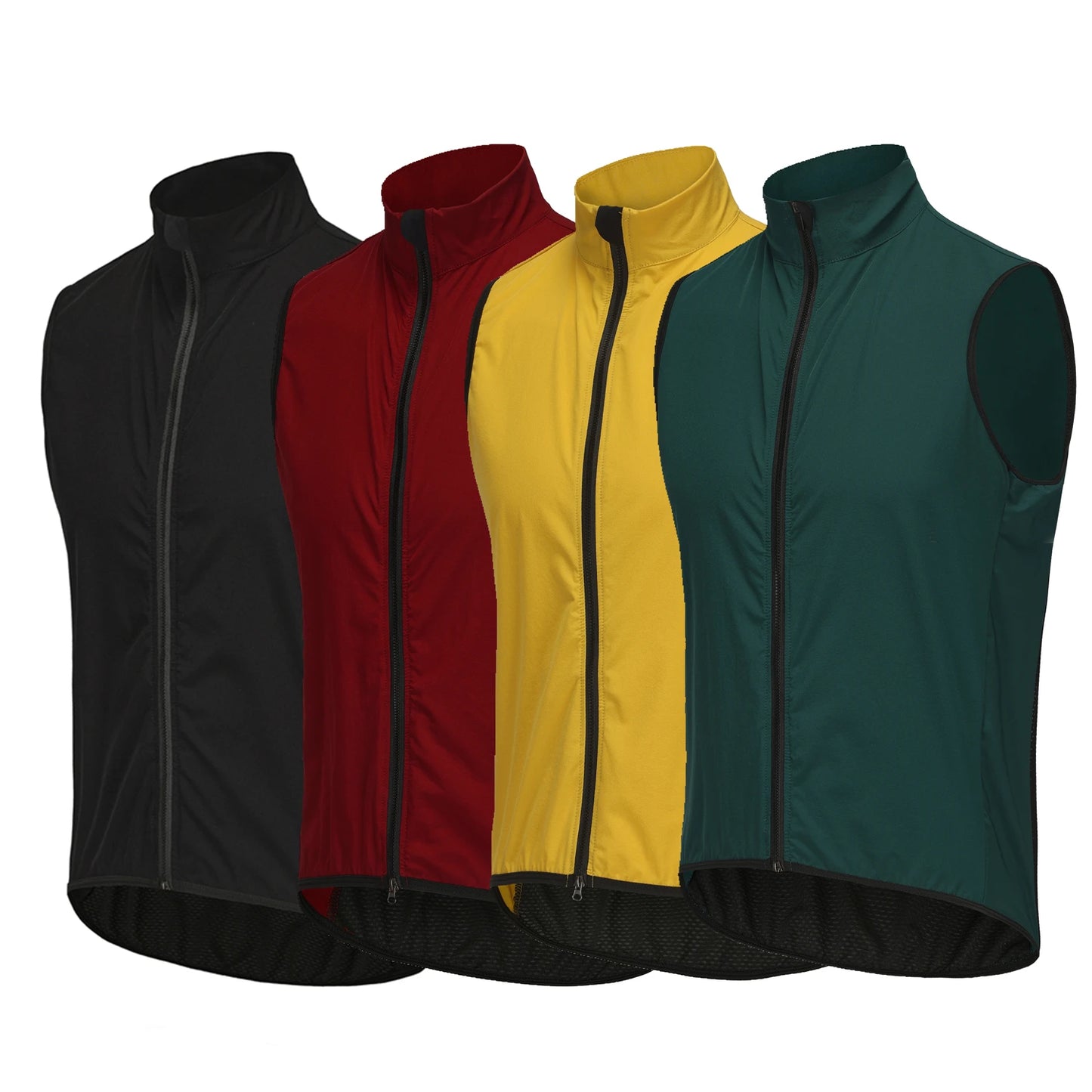 Four vests in black, red, yellow, and green on a white background
