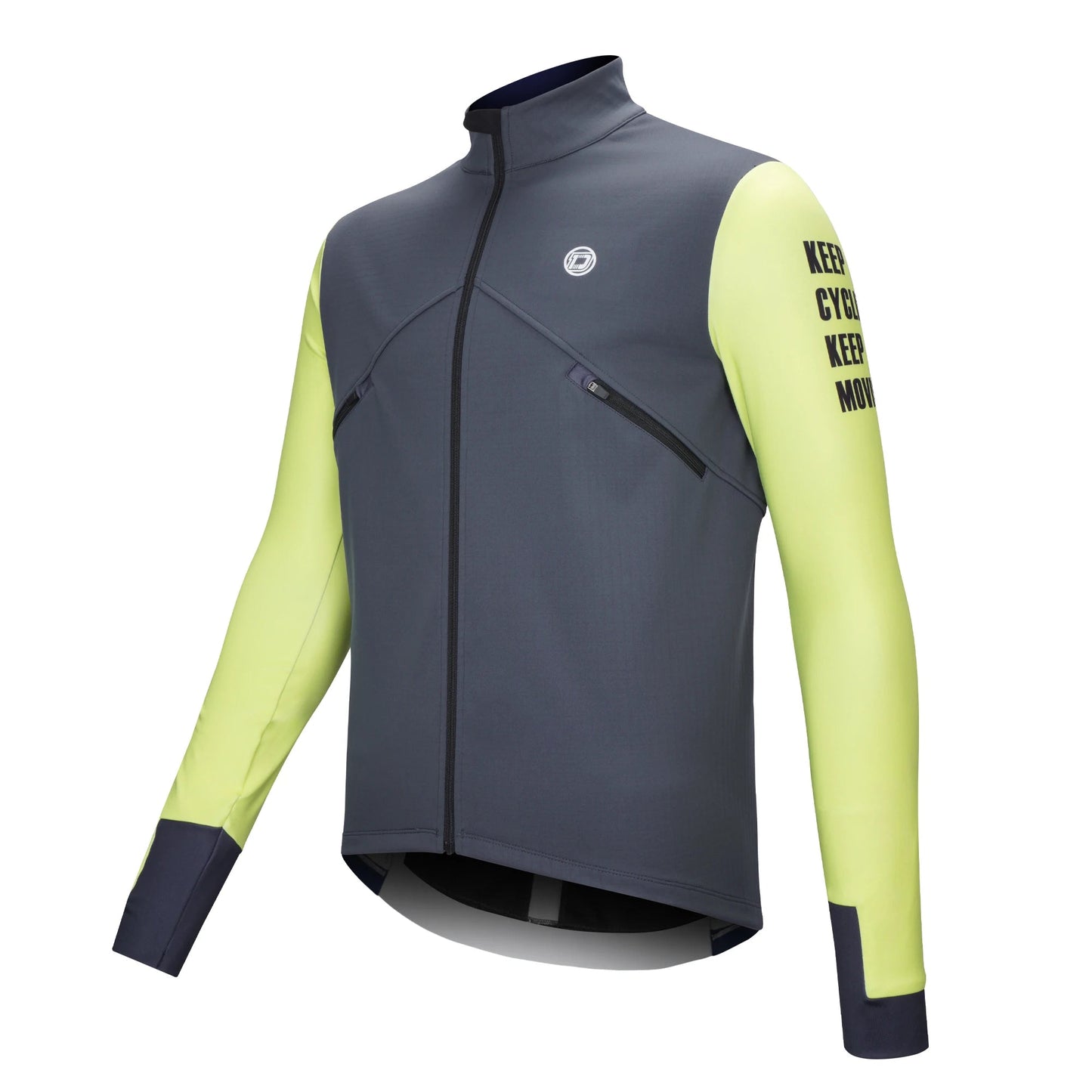 Gray and green jacket with text on sleeves.