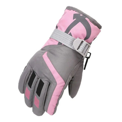 Gray and pink snowboard gloves on a white background
