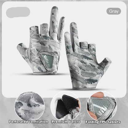 Gray camouflage glove with perforated ventilation, premium Velcro, and folding TPU tablets on a white background.