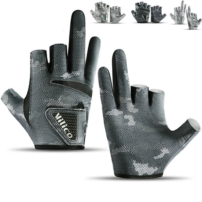 Gray gloves with fingerless design on a white background