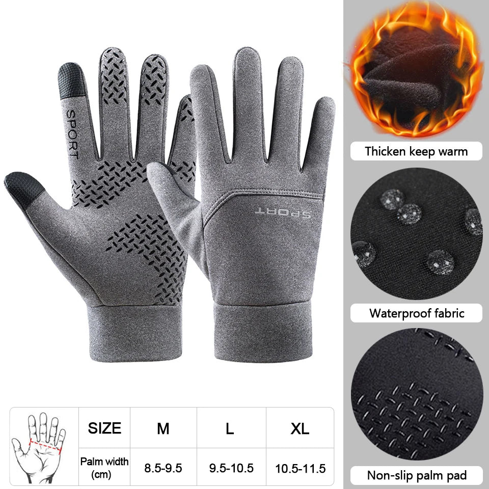 Gray gloves with text highlighting features on a white background