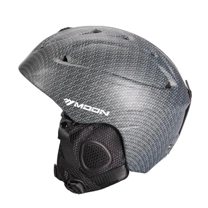 Gray helmet with black chin strap on a white background, featuring the Moon brand.