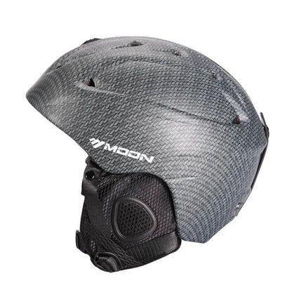 Gray helmet with black chin strap on a white background, featuring the Moon brand.