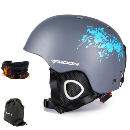 Gray helmet with blue design, neck gaiter, and drawstring bag on a white background