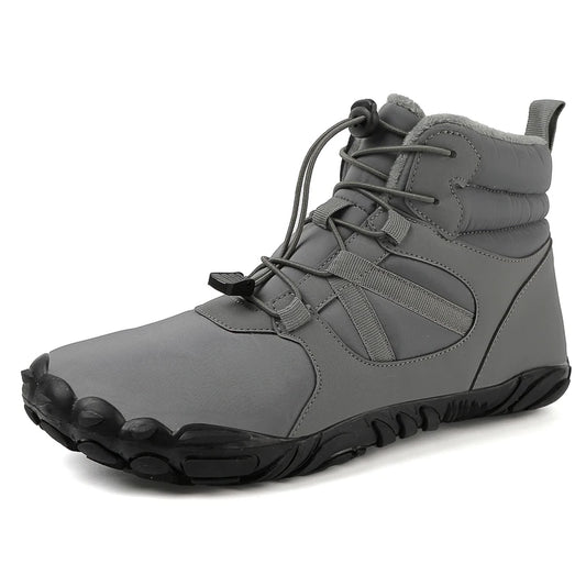 Gray high-top sneaker with black sole on a white background