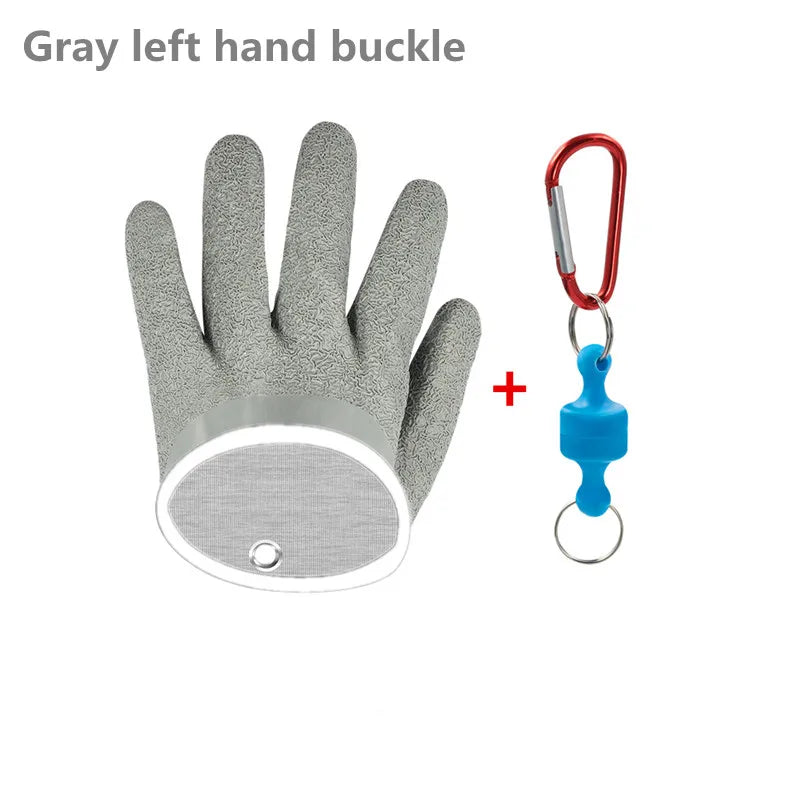 Gray left hand buckle with a red carabiner and blue clip on a white background