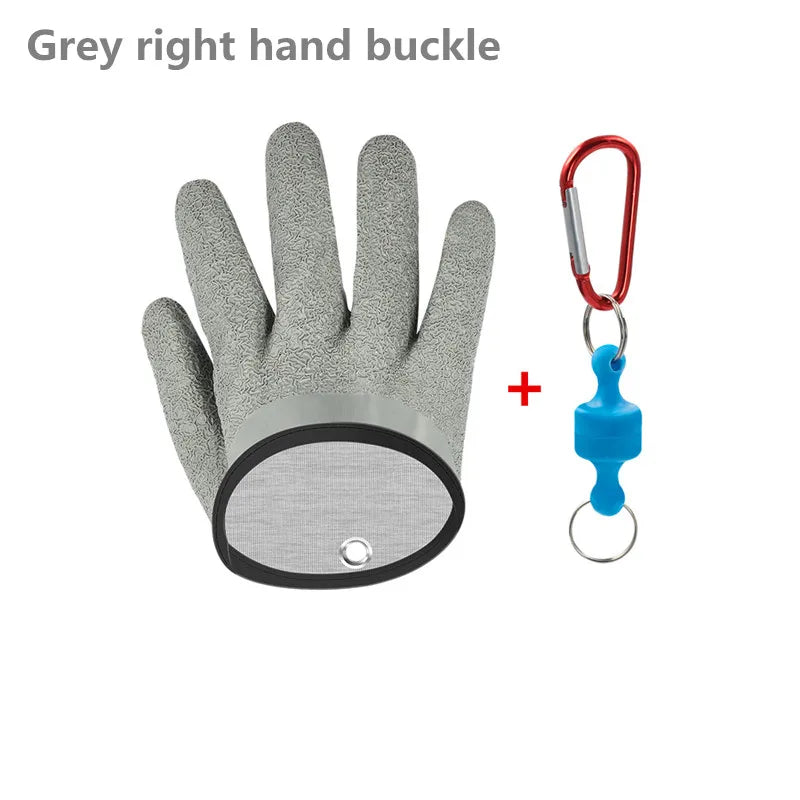 Gray right hand glove with a red and blue carabiner on a white background
