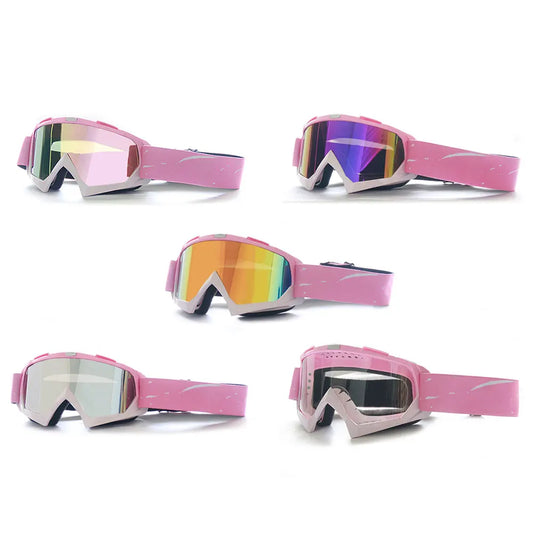 Set of pink goggles with colorful lenses on a white background