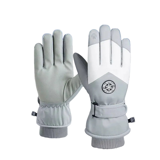 Gray touch screen ski gloves on a snowy background