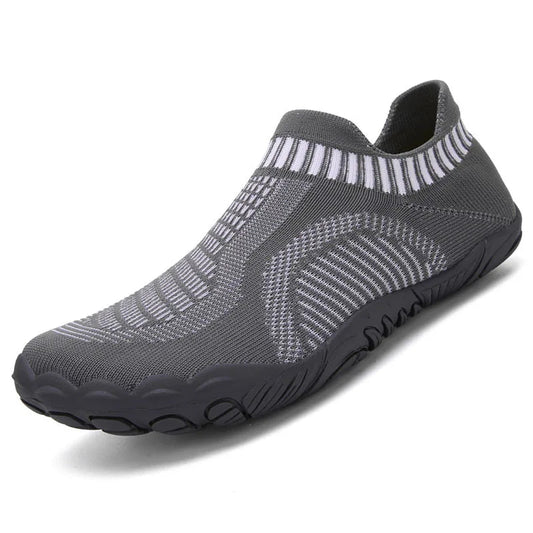 Gray water shoes with white sole on a white background