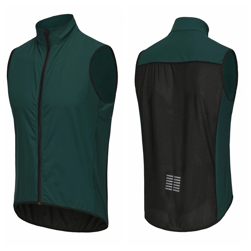 Green and black cycling vest shown from front and back on a white background