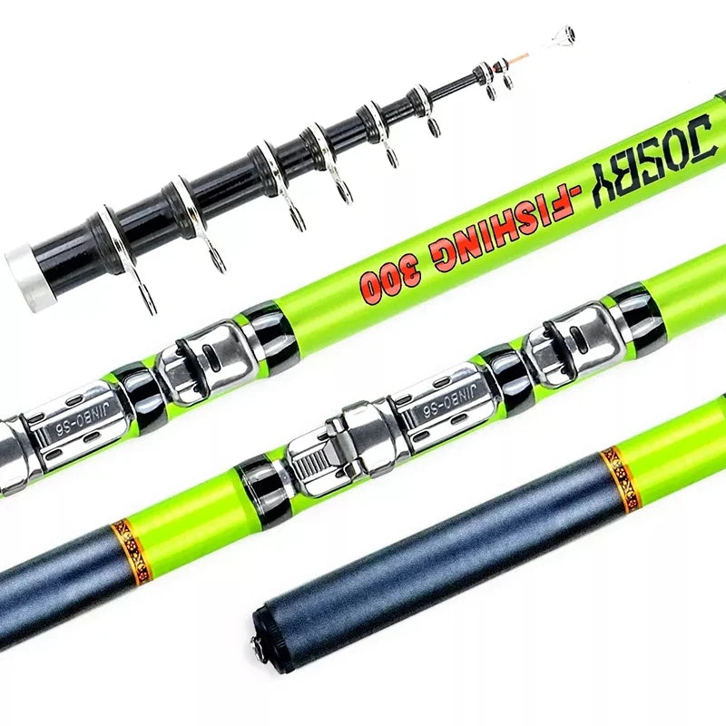 Green and black telescopic fishing rod  on a white background