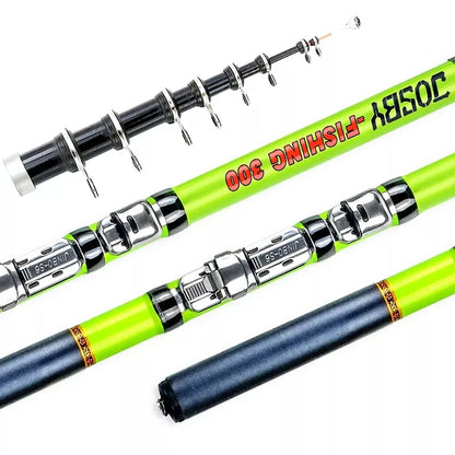 Green and black telescopic fishing rod  on a white background