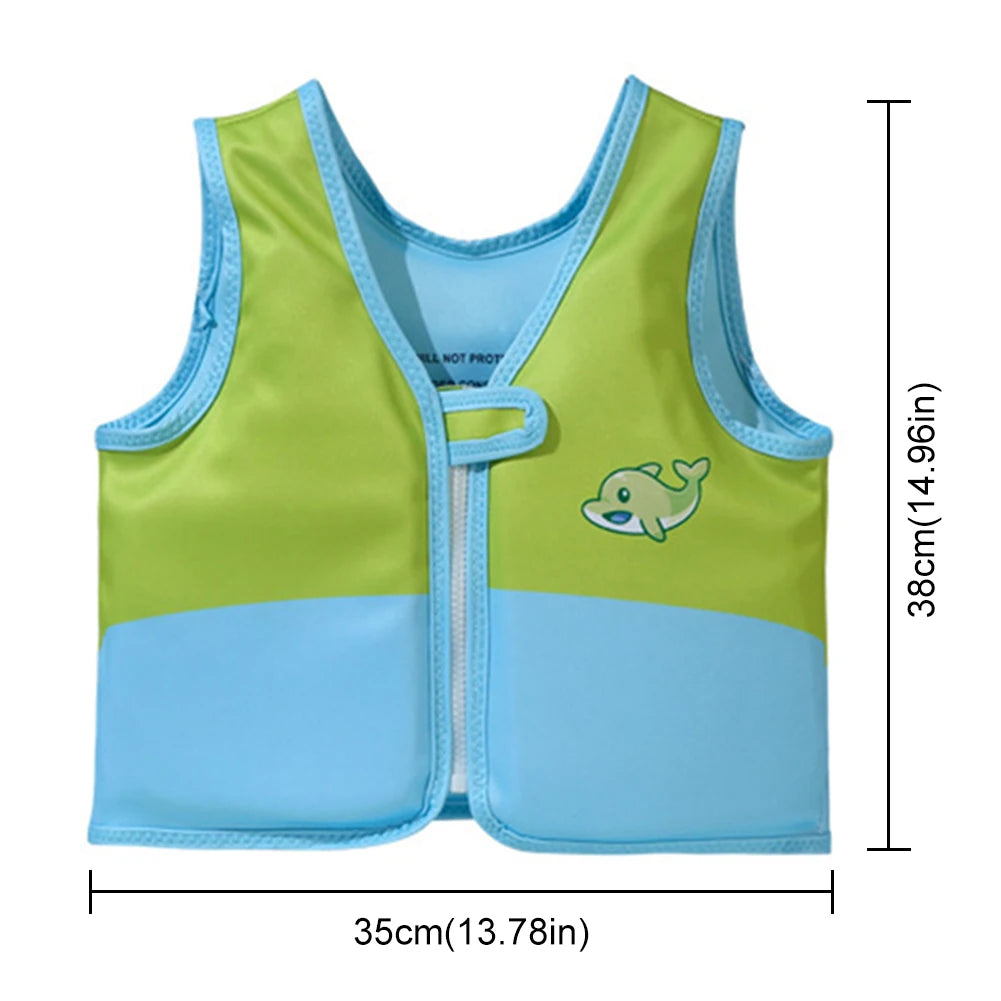 Green and blue children's life jacket with measurements on a white background