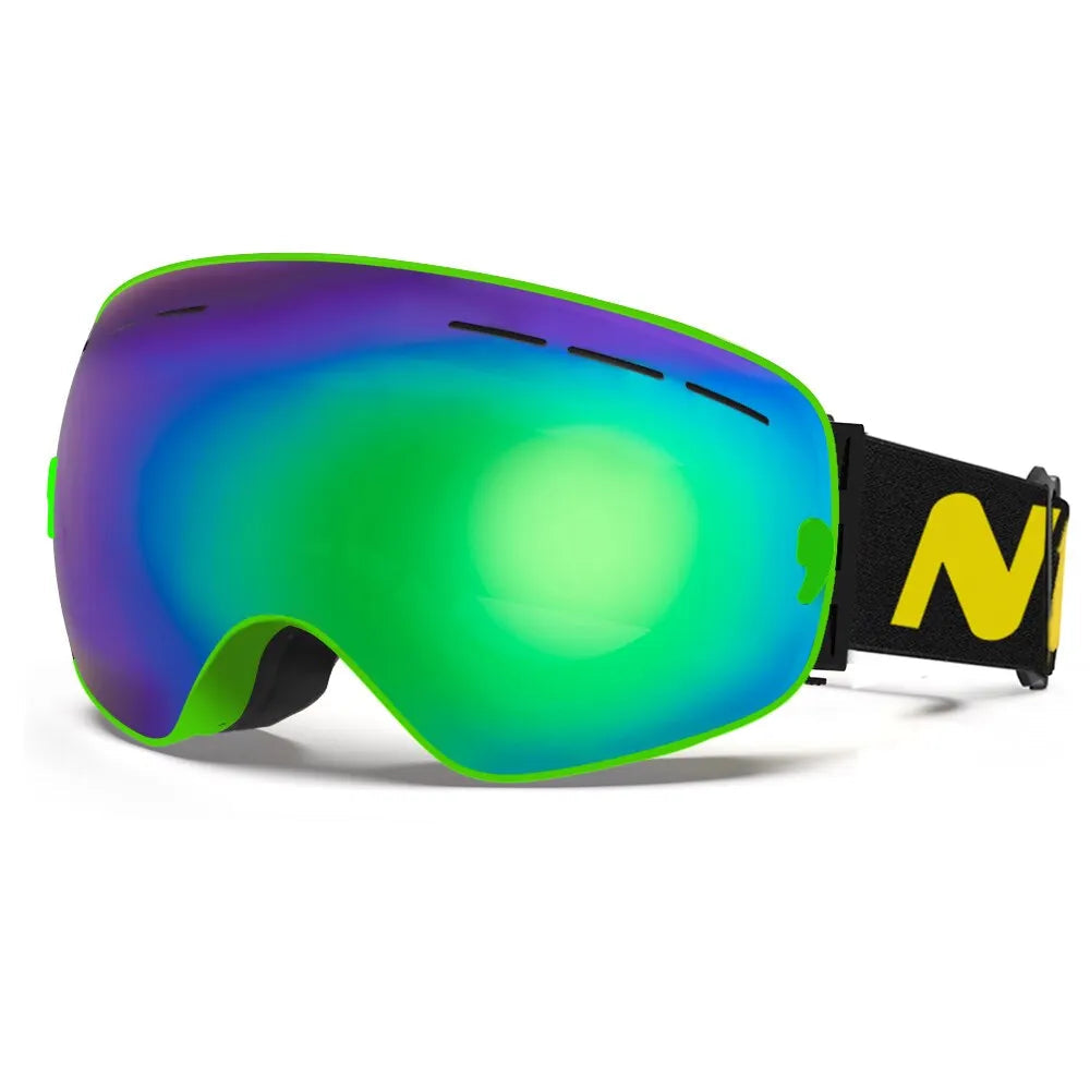 Green and purple ski goggles with a yellow 'N' logo on a white background