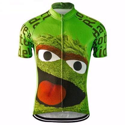 Green cycling jersey with a character design on a white background