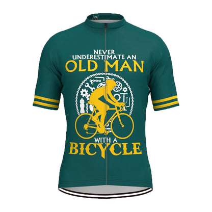Green cycling jersey with yellow text and graphic on a white background