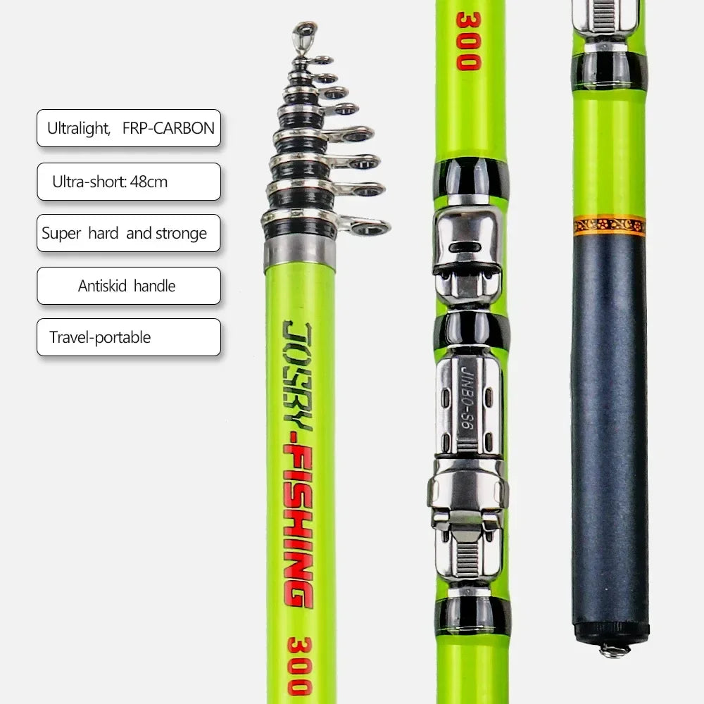 Green fishing rod with features listed on a white background