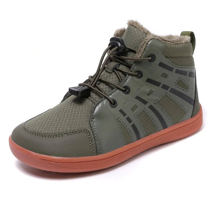 Green winter shoe with red sole on a white background