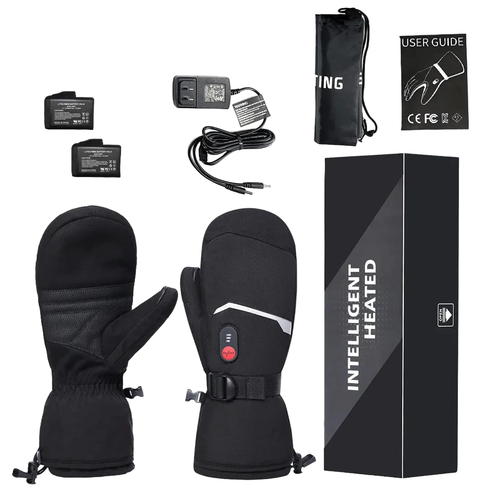 Heated gloves with accessories and packaging on a white background.