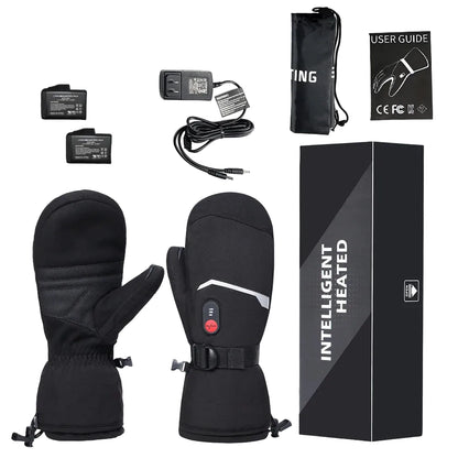 Heated gloves with accessories and packaging on a white background.
