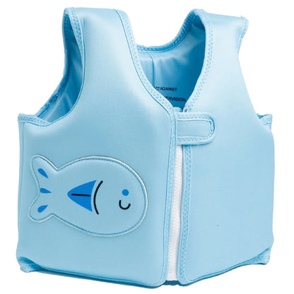 Light blue children's life jacket with fish design on a white background