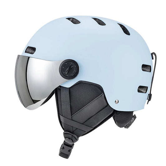 Light blue helmet with a visor on a white background