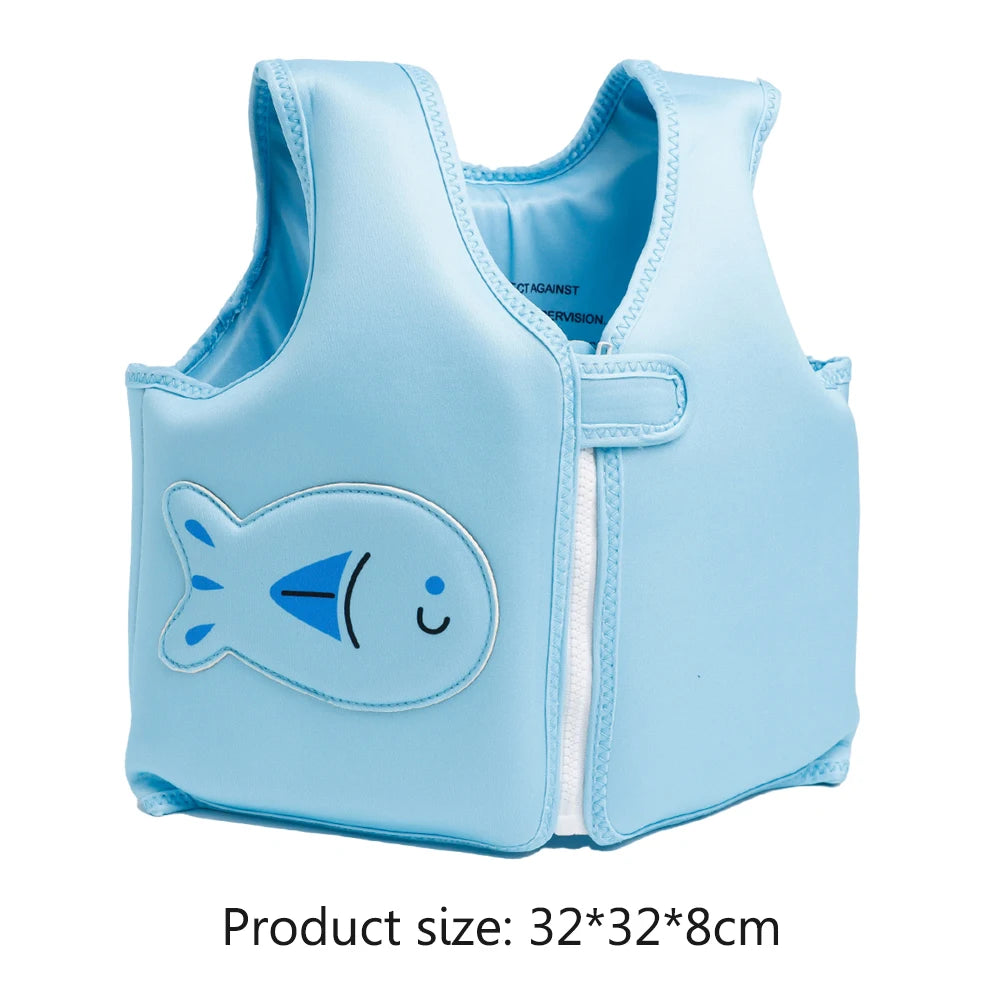 Light blue children's life jacket with fish design on a white background