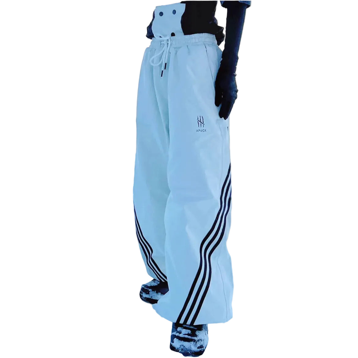 Light blue pants with black stripes and a logo on a white background
